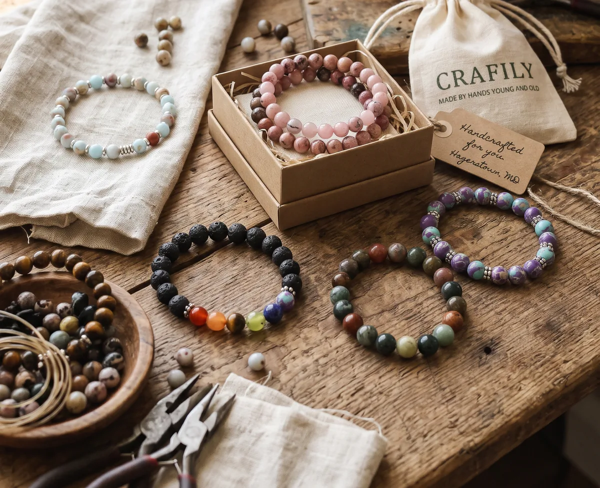 Finished beaded bracelets laid out on the workbench beside the stones they came from